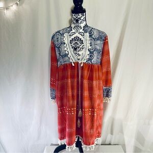 EUC HUCAV Bohemian Red and Blue Tassel Mini Dress -Size M